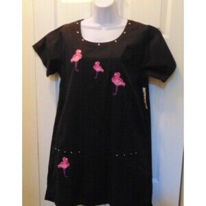 H & J Pink Flamingo Shift Dress Black w/Applique Flamingos & Rhinestones Med NWT